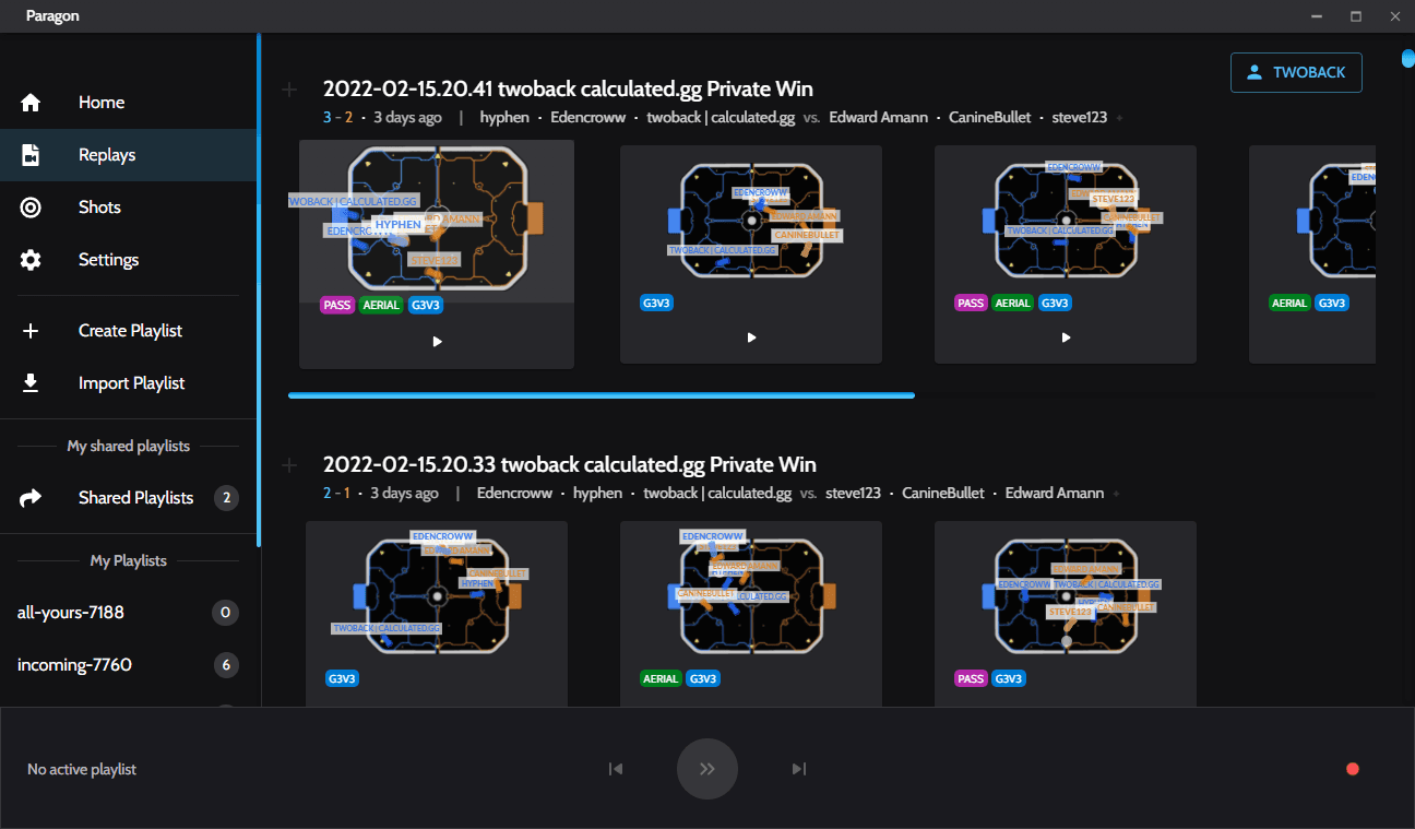 Screenshot of Paragon app's replays display