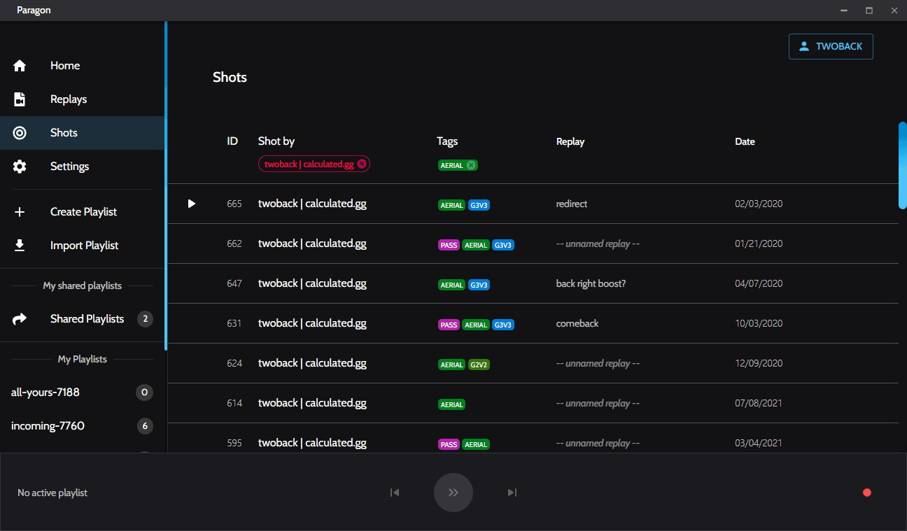 Screenshot of Paragon app's shots table
